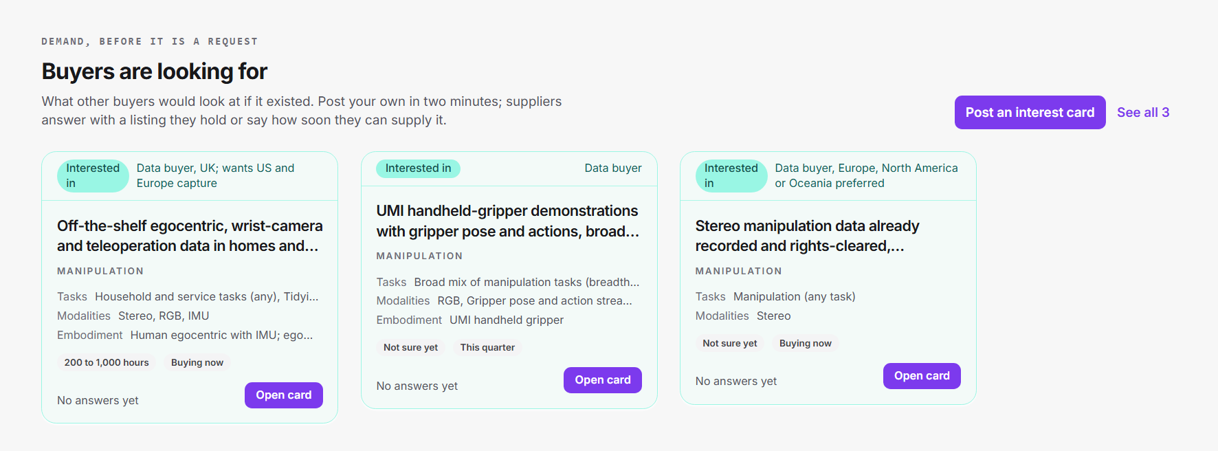 Three interest cards on the marketplace: egocentric and teleoperation data in homes, UMI handheld-gripper demonstrations, and stereo manipulation data already recorded and rights-cleared.